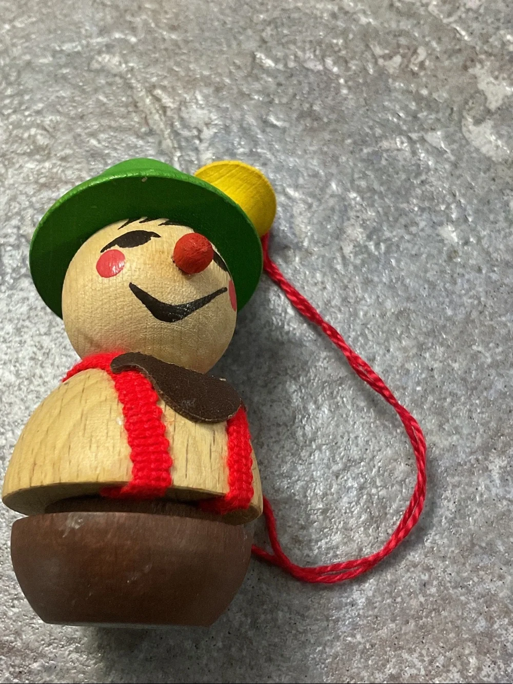 Wooden Clown Bell Toy - Green Hat, Yellow Horn made in Germany or West Germany